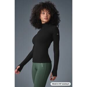 Alo Yoga Shirt Womens Small Wellness Ribbed Mock Neck Top Long Sleeve Black Chic